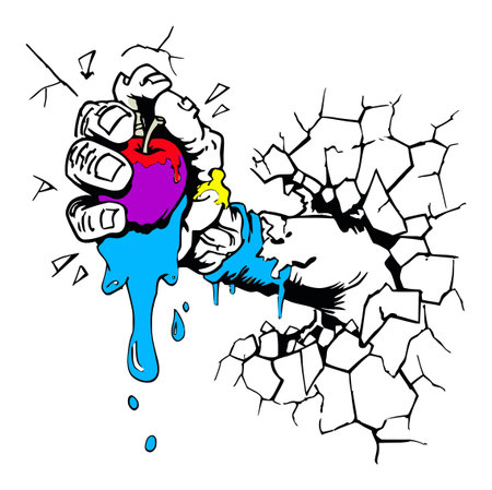 A striking vector illustration showing a detailed fist crushing a colorful apple through a cracked wall. This dynamic artwork captures energy and creativity.のイラスト素材