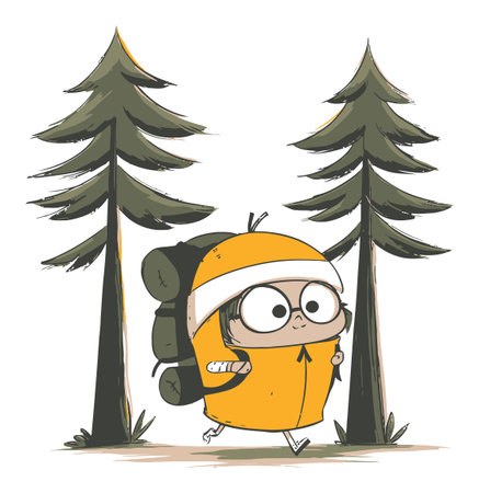 Whimsical illustration of a young camper with a backpack enjoying nature, set among tall pine trees. Perfect for outdoor adventures and children's themes.のイラスト素材