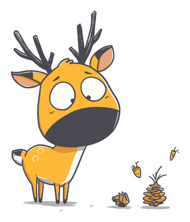 A charming flat vector illustration of a cute cartoon deer character with antlers, interacting with pine cones and playful elements. Perfect for childrens themes!のイラスト素材