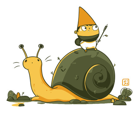 This whimsical illustration features a cartoon character riding a friendly snail. The fun design captures a sense of adventure and playfulness in a vibrant vector style.のイラスト素材