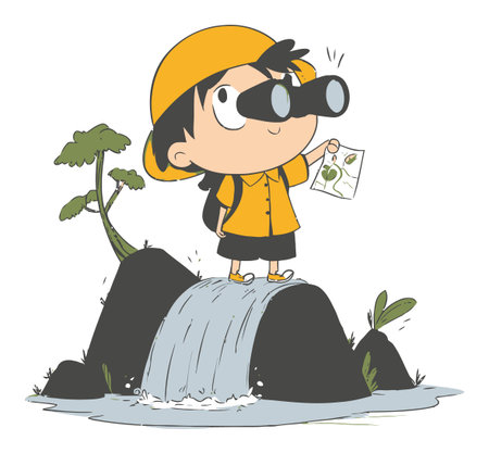 A whimsical illustration of a child explorer wearing binoculars and holding a map, standing by a charming waterfall, ready for adventure in nature.のイラスト素材