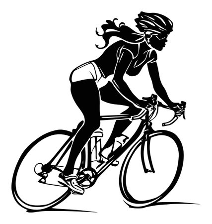This vector illustration showcases a silhouette of a female cyclist in dynamic motion, emphasizing fitness and outdoor adventure on a road bicycle.のイラスト素材