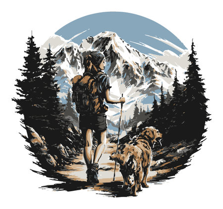 A vibrant cartoon illustration of a hiker and a dog walking along a mountain trail, surrounded by stunning nature and tall trees, showcasing adventure and companionship.のイラスト素材