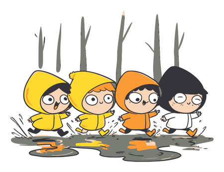 A cheerful illustration of four children joyfully running through puddles in bright raincoats, showcasing playful spirit and adventure in nature.のイラスト素材
