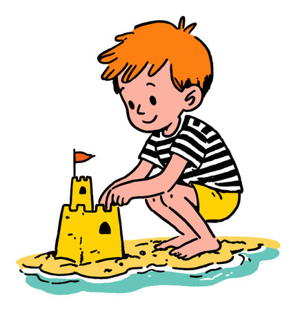 A cheerful illustration of a young child joyfully building a sandcastle on the beach, capturing the essence of summer fun and creativity at the seaside.のイラスト素材