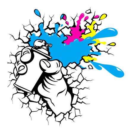 This vibrant illustration showcases a hand holding a spray paint can, bursting through a cracked wall, with colorful paint splashes in bold shades.のイラスト素材