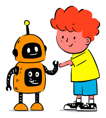 Adorable cartoon scene featuring a boy and a friendly robot, showcasing joyful interaction. Ideal for projects on friendship, technology, and imagination.のイラスト素材