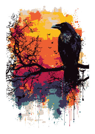 An artistic abstract illustration featuring a black raven perched on a branch against a vibrant and colorful background, creating a striking visual impact.のイラスト素材