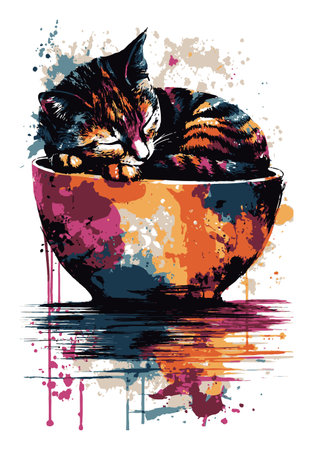This captivating abstract illustration depicts a sleeping cat nestled in a bowl, showcasing vibrant colors and artistic splashes that evoke tranquility and comfort.のイラスト素材