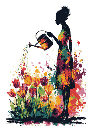 An abstract and colorful illustration featuring a woman watering flowers, showcasing creativity and joy in nature. Perfect for garden themes or artistic decor.のイラスト素材