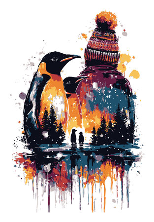 Abstract art featuring vibrant penguins and a colorful human silhouette with hat. A whimsical mix of colors and textures, creating a lively winter scene.のイラスト素材