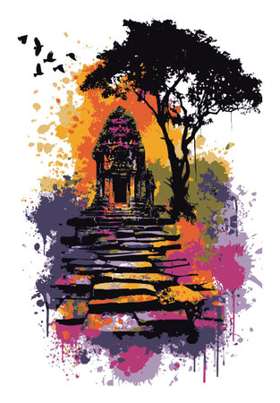 This vibrant abstract illustration showcases an ancient temple nestled in nature, surrounded by colorful paint splashes, trees, and birds, evoking a sense of tranquility and beauty.のイラスト素材