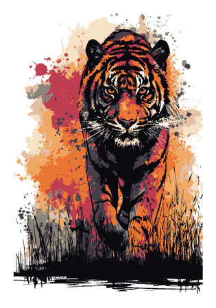 Striking illustration of a powerful tiger walking through colorful abstract brush strokes, showcasing the beauty and strength of wildlife in an artistic representation.のイラスト素材