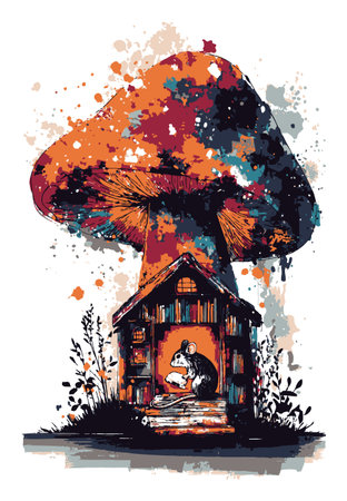 This vibrant abstract illustration features a charming rabbit nestled in a mushroom house, surrounded by colorful splashes. Ideal for whimsical themes.