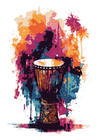 This vibrant abstract illustration features a beautifully designed drum against a backdrop of vivid colors and palm silhouettes, evoking energy and rhythm.のイラスト素材