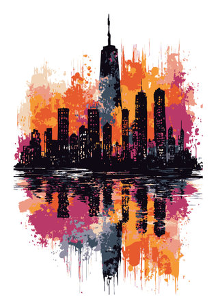 Vibrant abstract illustration capturing an urban skyline at sunset, with colorful reflections in the water. Perfect for modern decor and artistic visual experiences.のイラスト素材
