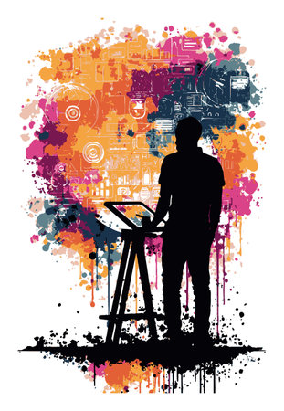 This colorful abstract illustration features a silhouette of an artist at work, surrounded by vibrant splashes of color. Ideal for creative projects or art-themed designs.のイラスト素材