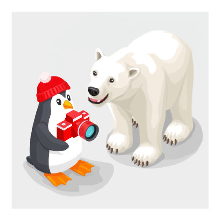 Charming 3D cartoon-style penguin and polar bear share a playful moment. This delightful illustration captures their friendly interaction in a snowy setting.のイラスト素材