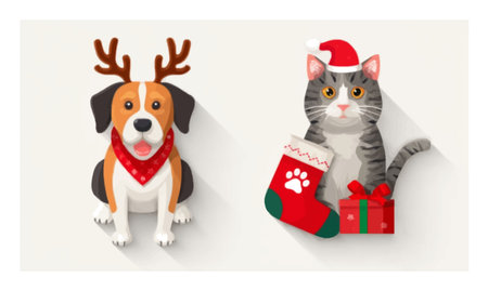 Delightful illustration of a cartoon dog dressed as a reindeer and a cat in Christmas attire. Perfect for holiday-themed projects and festive designs.のイラスト素材