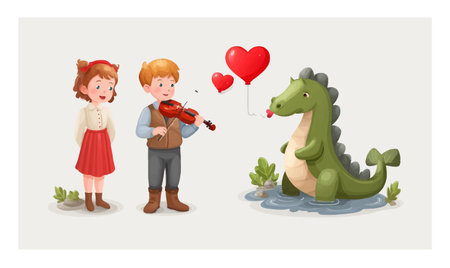 This vibrant illustration features children enjoying music by a friendly dragon, embodying themes of joy and friendship in a whimsical outdoor setting.のイラスト素材