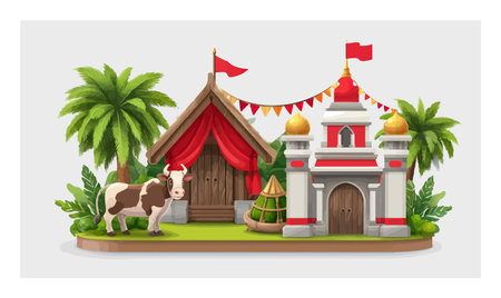 Vibrant 3D cartoon village scene featuring a cow, a traditional hut, and palm trees. Ideal for children's illustrations, farm themes, or playful designs.のイラスト素材