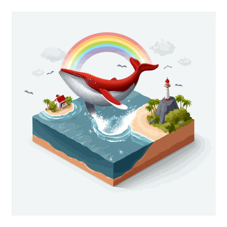 A vibrant 3D cartoon illustration featuring a whale splashing through a rainbow over a tropical island. Perfect for playful and cheerful themes.のイラスト素材