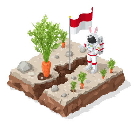 A playful 3D cartoon scene featuring an astronaut in a garden surrounded by carrots and a flag. This imaginative illustration combines humor with nature and exploration.のイラスト素材