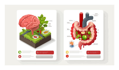 Vibrant 3D cartoon illustrations depicting the brain and digestive system, emphasizing their functions and connections in an engaging and educational manner.のイラスト素材