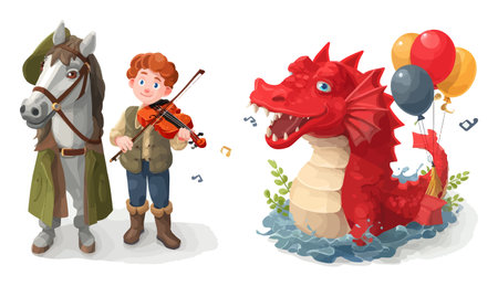 Vibrant 3D cartoon illustration featuring a boy with a violin beside a horse, alongside a playful red dragon with balloons. Perfect for storytelling themes!のイラスト素材