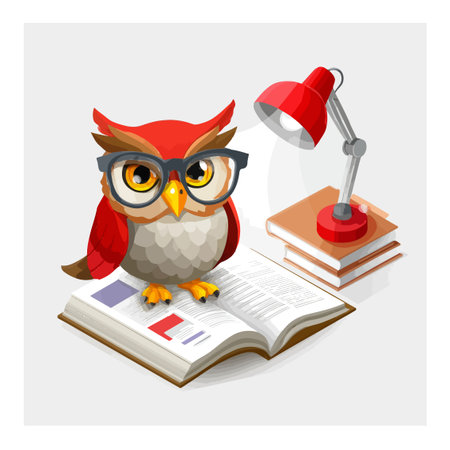A charming 3D cartoon owl wearing glasses perches on an open book beside a desk lamp. This whimsical illustration brings an educational vibe, perfect for academic themes.のイラスト素材
