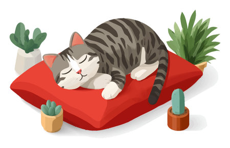 This charming 3D illustration features a cute sleeping cat on a vibrant red pillow, surrounded by various green plants, creating a cozy atmosphere.のイラスト素材