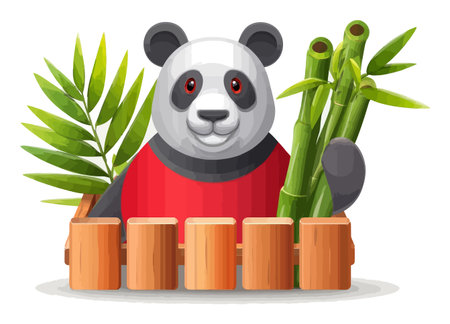 Adorable 3D cartoon panda character poses cheerfully with bamboo and tropical leaves. Perfect for children's illustrations, jungle themes, or cute designs.のイラスト素材