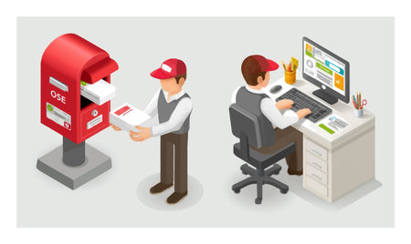 A colorful 3D cartoon scene featuring a character at a mailbox and another at a computer, highlighting mail delivery and office work with a modern touch.のイラスト素材