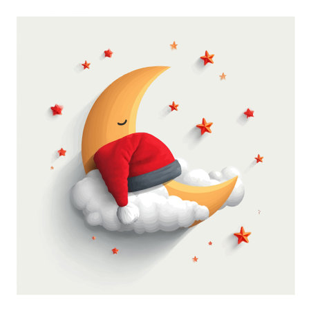A charming 3D cartoon depiction of a moon resting on a fluffy cloud, adorned with a bright red hat and surrounded by twinkling stars. Perfect for a playful atmosphere!のイラスト素材
