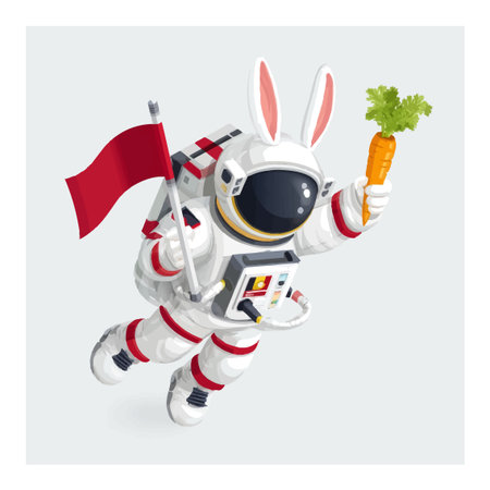 A vibrant 3D cartoon illustration of a rabbit astronaut joyfully holding a carrot and a red flag. Ideal for projects focusing on adventure or imagination.のイラスト素材