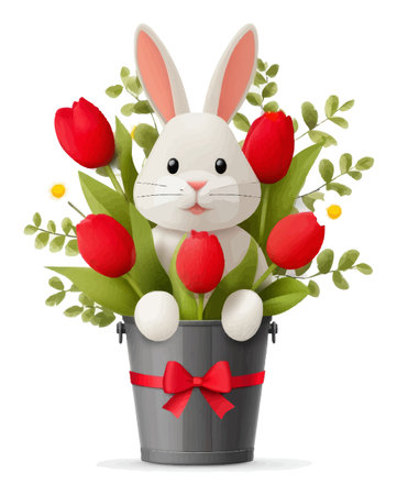 Adorable 3D cartoon rabbit sitting amidst vibrant red tulips in a flower pot. This whimsical design is perfect for spring celebrations and bright decorations.のイラスト素材