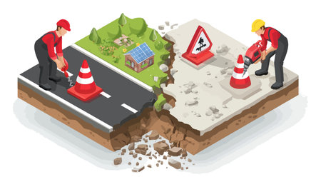 This vibrant cartoon 3D illustration depicts construction workers managing a road work site. Featuring caution signs and tools, the image highlights safety in urban maintenance.のイラスト素材