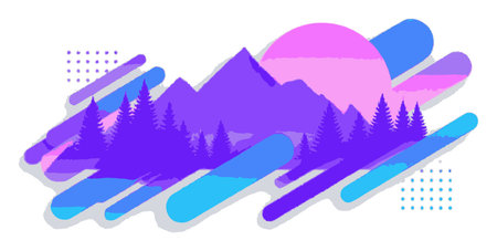 A vibrant abstract vector landscape featuring mountains and forests bathed in striking colors. Perfect for creative projects or nature-inspired themes.のイラスト素材