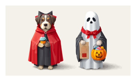 This vibrant cartoon 3D illustration features a playful dog in a Halloween costume and a whimsical ghost, perfect for festive holiday decorations or themed projects.のイラスト素材