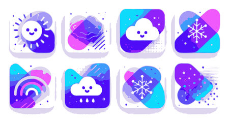 Explore this colorful collection of vector icons representing various weather conditions and seasons, featuring cheerful designs and vibrant colors.のイラスト素材