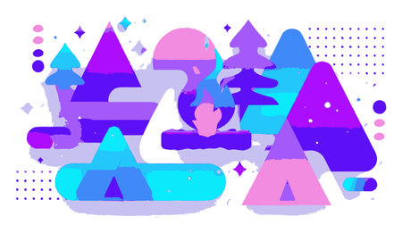 This vibrant abstract vector illustration features a playful campfire scene with mountains and trees, perfect for nature-themed projects or backgrounds.のイラスト素材