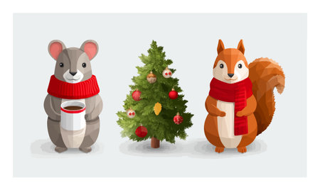 Explore this vibrant 3D cartoon scene featuring a mouse and squirrel dressed in festive scarves next to a beautifully decorated Christmas tree.のイラスト素材