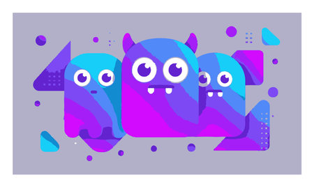 This vibrant vector illustration showcases three cute cartoon monsters with playful expressions. Perfect for childrens designs, this fun piece captures a whimsical essence with its bold colors and unique shapes.のイラスト素材