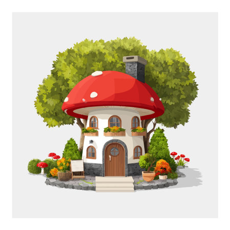 Discover a delightful 3D cartoon mushroom house nestled in a vibrant garden, surrounded by lush trees and colorful flowers, perfect for whimsical artwork.のイラスト素材