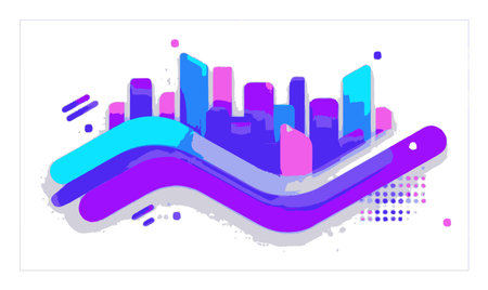 Discover a vibrant abstract design showcasing colorful shapes and urban skyline elements, perfect for modern contexts in digital art and graphic design.のイラスト素材