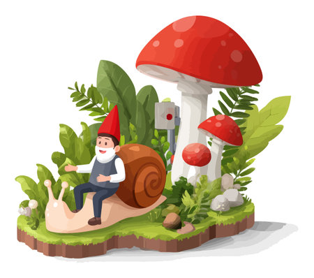 A cheerful cartoon gnome rides a snail through a vibrant 3D mushroom garden, creating a whimsical and playful atmosphere ideal for storytelling and fantasy themes.のイラスト素材