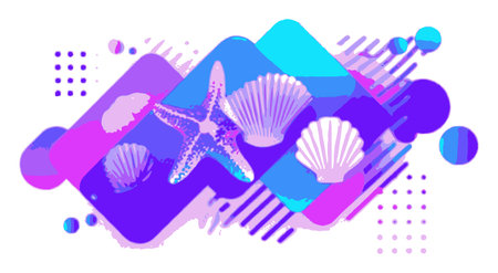 This vibrant abstract illustration features sea shells and a starfish against a colorful background....
