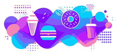 This vibrant vector illustration features colorful food and drink items, including ice cream,...