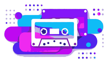 Vibrant retro cassette tape graphic featuring colorful abstract shapes and patterns, perfect for music enthusiasts and nostalgic designs. Ideal for creative projects.のイラスト素材