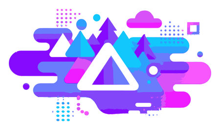 Vibrant abstract vector illustration featuring colorful geometric shapes, trees, mountains, and artistic patterns, ideal for modern design projects.のイラスト素材